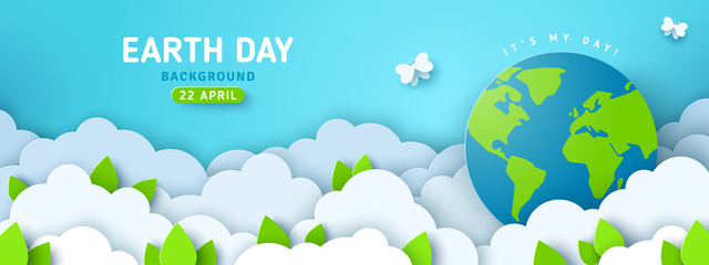 Earth Day banner or poster with paper cut clouds in blue sky. Background with green leaves, butterfly and globe. Vector illustration. Place for text.