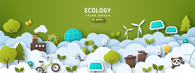 Earth Day banner, background with clouds and ecology icons in paper cut style. Vector illustration. Light bulbs, trees, wind turbine and solar panels. Place for text.