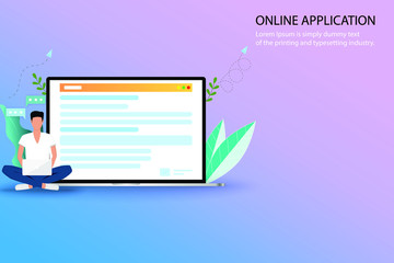 Online application concept, a young man is searching in the internet by using laptop to find a course to apply in the university and or job application after graduation in pastel color background.
