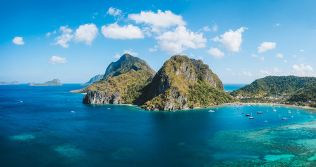 Aerial view of Corong beach lagoon with tourist boats. El Nido village, Palawan, Philippines