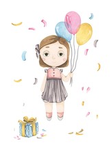 cute baby girl doll  wearing beautiful cloth. Cute newborn watercolor baby. New born child illustration girl, boy painting. Baby shower isolated birthday painting card. Handmade painting.