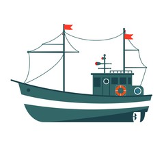 Commercial fishing boat side view isolated icon. Sea or ocean transportation, marine ship for industrial seafood production vector illustration in flat style.