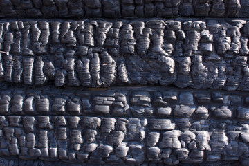 Natural fire ashes with dark grey black coals texture. It is a flammable black hard rock. copyspace