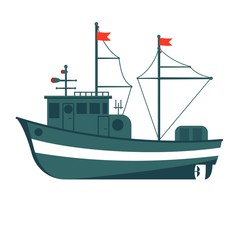 Commercial fishing boat side view isolated icon. Sea or ocean transportation, marine ship for industrial seafood production vector illustration in flat style.