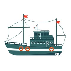 Commercial fishing boat side view isolated icon. Sea or ocean transportation, marine ship for industrial seafood production vector illustration in flat style.