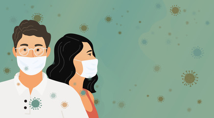 Coronavirus. 2019-nC0V. COVID-19. Wuhan Novel. Women and man in protective medical masks against a background of virus, bacteria and microorganisms. Flat vector illustration