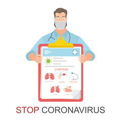 Doctor holds a warning with flu and coronavirus symptoms.