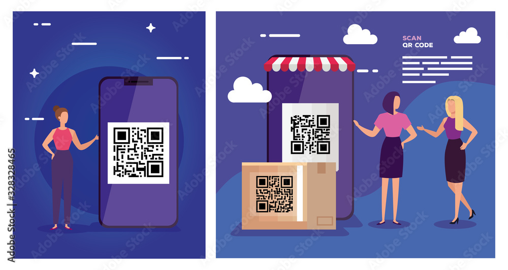 Poster set poster of scan code qr with icons vector illustration design