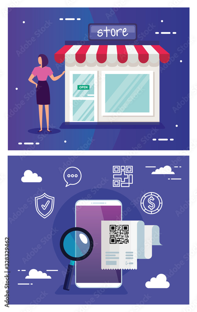 Aufkleber set poster of scan code qr with icons vector illustration design