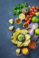 Corn tortilla chips nachos with guacamole, chili, cheese salsa, tequila