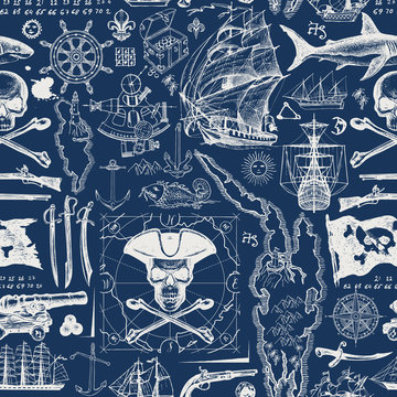 Vector abstract seamless pattern with skulls, crossbones, pirate flag, swords, guns, sailboats, old map and other nautical symbols. Vintage background on the pirate theme with hand-drawn sketches