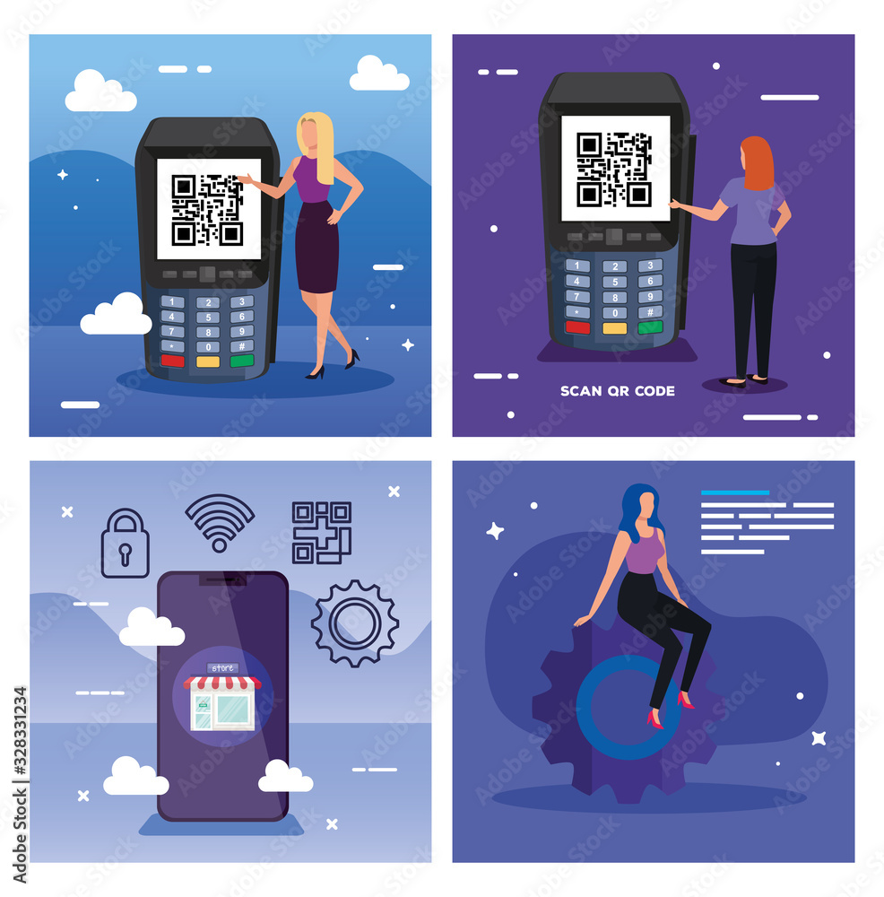 Poster set poster of scan code qr with icons vector illustration design