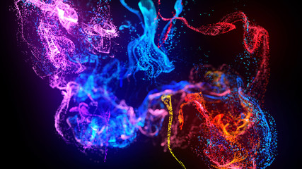 injection of fluorescent ink in water isolated on black background. 3d render of glow particles or sparks like shiny magic spell. Fantastic background for festive event. Blue red purple mix 2