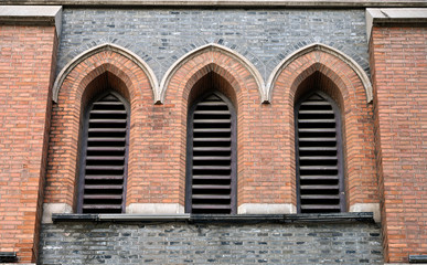 Close up of classical church buildings on the streets of Shanghai