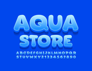 Vector creative logo Aqua Store with blue glossy Font. Playful Alphabet Letters and Numbers