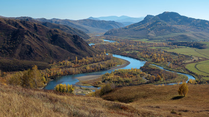 Valley of the mountain river, yellow forest, autumn Altai.
