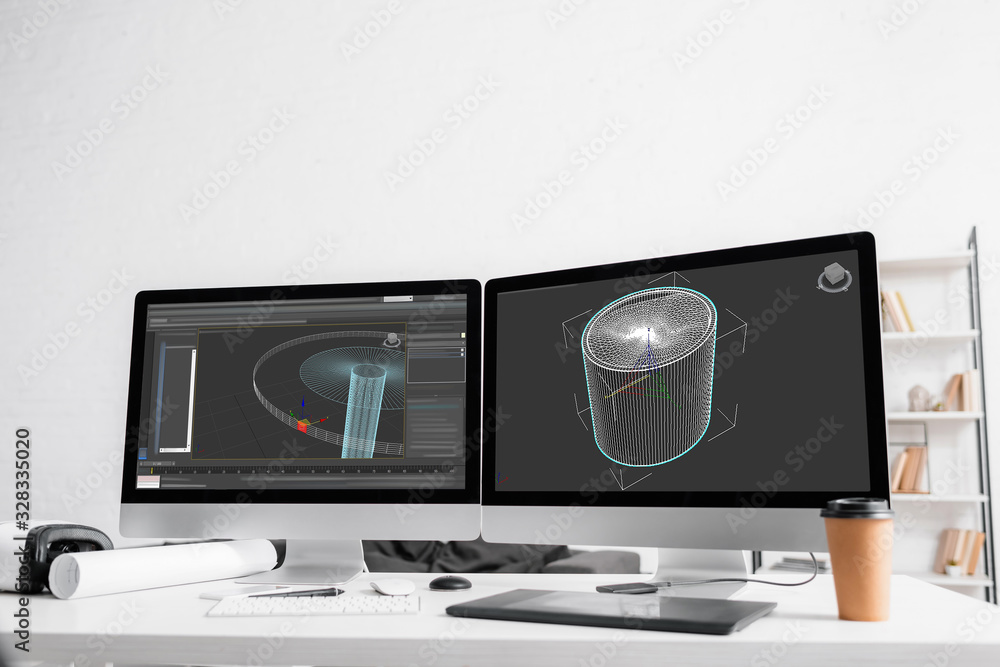 Aufkleber 3d project of computer monitors, graphics tablet with coffee to go and vr headset on table in office