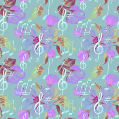 Notes and flowers, watercolor seamless pattern. - 328335489