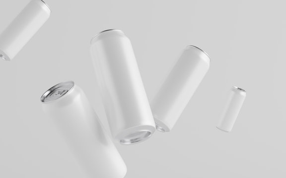16 oz. / 500ml Aluminium Can Mockup - Multiple Floating Cans. Blank Label.  3D Illustration