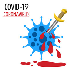 Fototapeta na wymiar Fight COVID-19, Coronavirus, 2019-nCoV blue color, Bacteria and sword on white background, icon vector illustration isolated