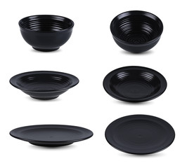 Black cup set, Black bowl, Black plate isolated on a black background