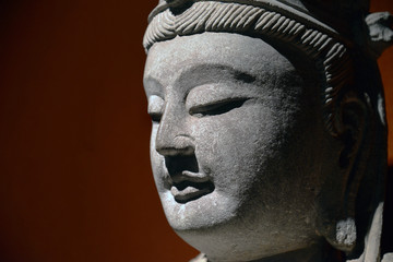Close up of Bodhisattva statue head in Chinese Buddhist temple