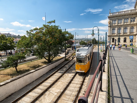 The Yellow and White Budapest Trams, Danube Embankment, Budapest, Hungary