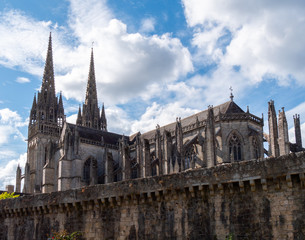 Quimper, Finistère / France, July 28, 2019. Cathédrale Saint-Corentin in the center of Quimper on a beautiful  summer sunny day.