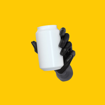 Black abstract hand gesture holding white can isolated on yellow backgrounds, display beverage banner mockup, soda drink advertising creative design concept, 3d rendering