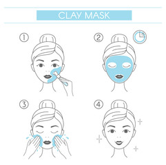 Steps how to apply facial cosmetic clay mask. Line vector elements on a white background.