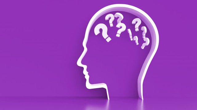 Moving Questionmarks in Human Head outline in front of a color wall background. Business Psychology concept