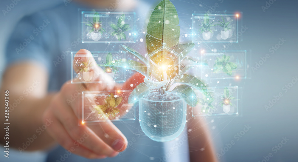 Poster man holding and touching holographic projection of a plant with digital analysis 3d rendering