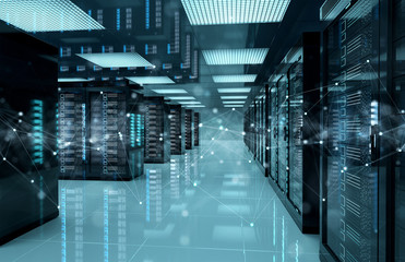 Connection network in servers data center room storage systems 3D rendering - obrazy, fototapety, plakaty