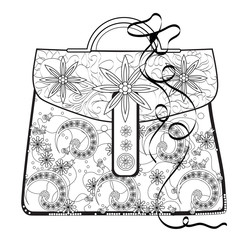 Adult coloring book. Stress relieving. Bag with buttons and flowers.