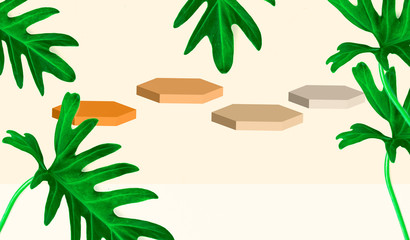  Shelfs design to put cosmetics concept and tropical green leaves with illustration 