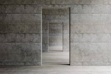 3D rendering of a hallway with concrete walls and floor