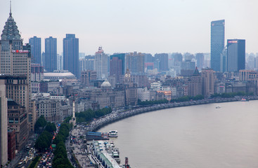 Huangpu river with Shanghai boats at Bund in China 