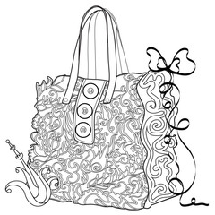 Adult coloring book. Stress relieving. Bag with buttons and flowers.