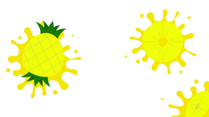 Fruit juice splash with pineapple slice. Summer drink and symbol fresh vitamin in cartoon silhouette and flat design. Vector illustration isolated on white background.