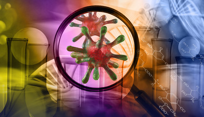 Fototapeta na wymiar Abstract image of coronaviruses on the background of a stylized image of the DNA chain.