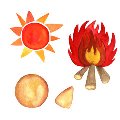 Maslenitsa, Russian pancake week, Shrove big set with pancakes, sun, fire. Rustic design elements of slavic holiday carnival in watercolor sketching style.