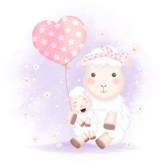 Cute baby sheep and mother with balloon hand drawn cartoon illustration
