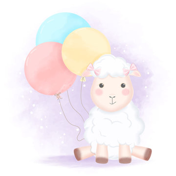 Cute sheep with balloon hand drawn cartoon illustration