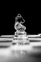Single clear glass knight chess piece or figure standing on glass chessboard with reflection. Isolated on black background with copy space. Black and white photography.