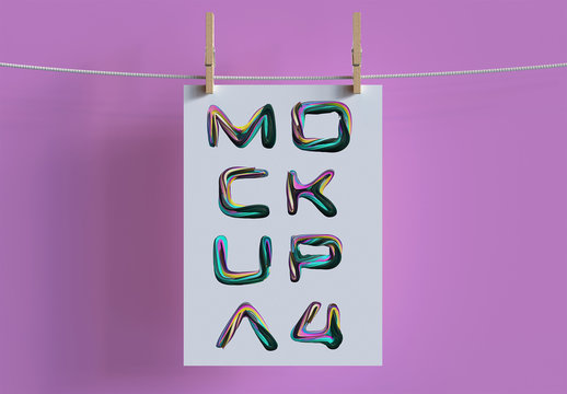 Paper Hanging with Clothespins on Clothesline Mockup