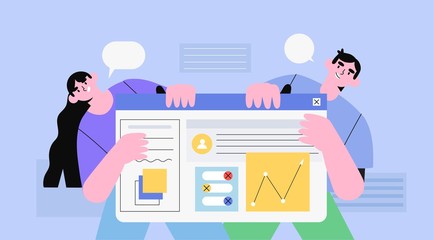 Male and female characters holding web or ui template with design project or website statistics. Design studio or agency prototyping or coding web page or mobile application. Cms development.