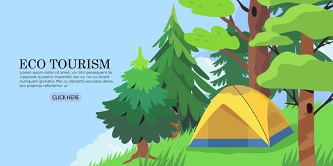 Vector landscape or panorama of a camping place in a forest or park. Outdoor adventure and nature eco tourism concept illustration for banners, flyers, landing page design. Campsite in woods scenery.
