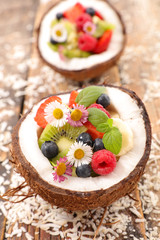 coconut bowl with mixed fruit salad