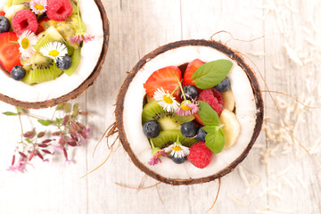 coconut bowl with mixed fruit salad