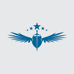 The winged sword with shield vector icon.